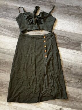 Two-Piece Olive Green Matching Set - Midi Skirt + Top